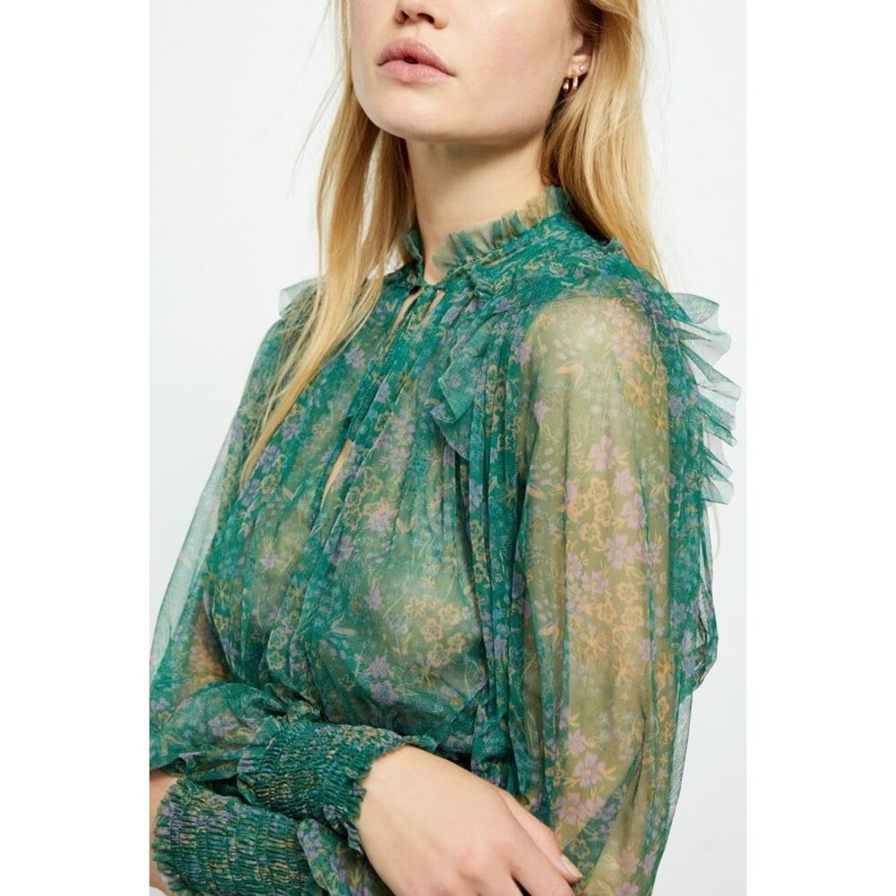 Free People Twyla Print Top Green Floral Sheer Blouse
